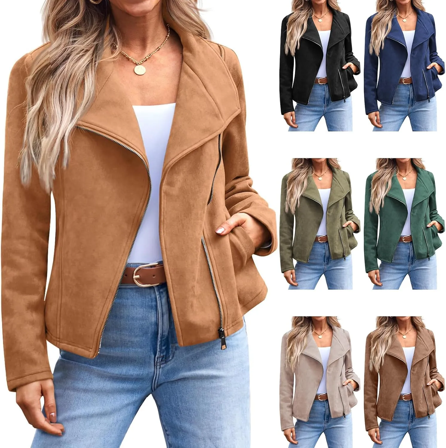Women's Faux Suede Leather Jacket Casual Zip Up Cropped Coat Fall Fashion Lapel Collar Outwear Biker Moto Jackets