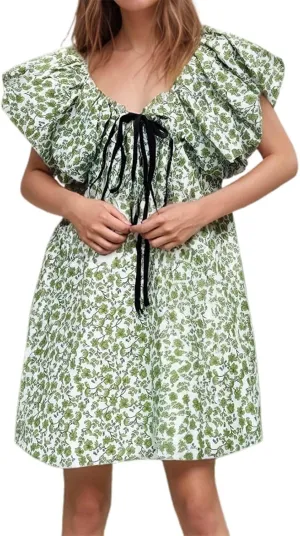 Women's Floral Print Mini Dress V Neck Puff Sleeve Short Babydoll Bow Dress Boho Floral Bow Flowy Sundresses