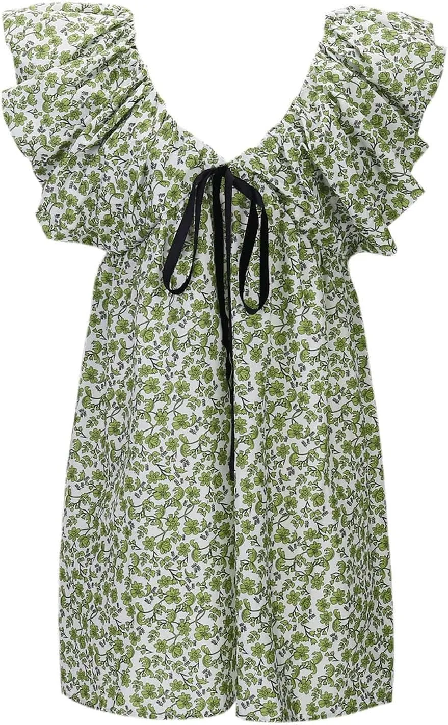Women's Floral Print Mini Dress V Neck Puff Sleeve Short Babydoll Bow Dress Boho Floral Bow Flowy Sundresses