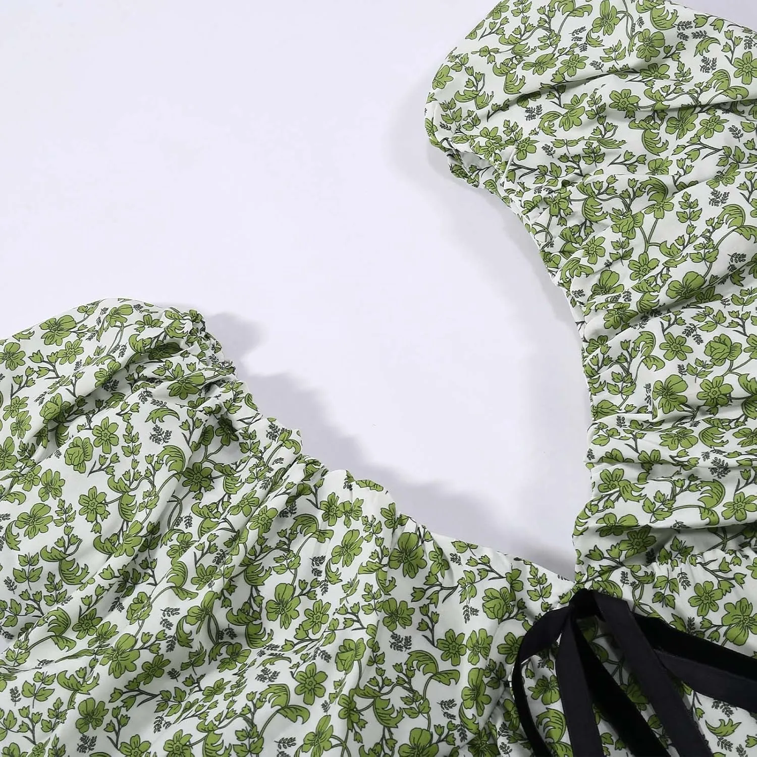 Women's Floral Print Mini Dress V Neck Puff Sleeve Short Babydoll Bow Dress Boho Floral Bow Flowy Sundresses