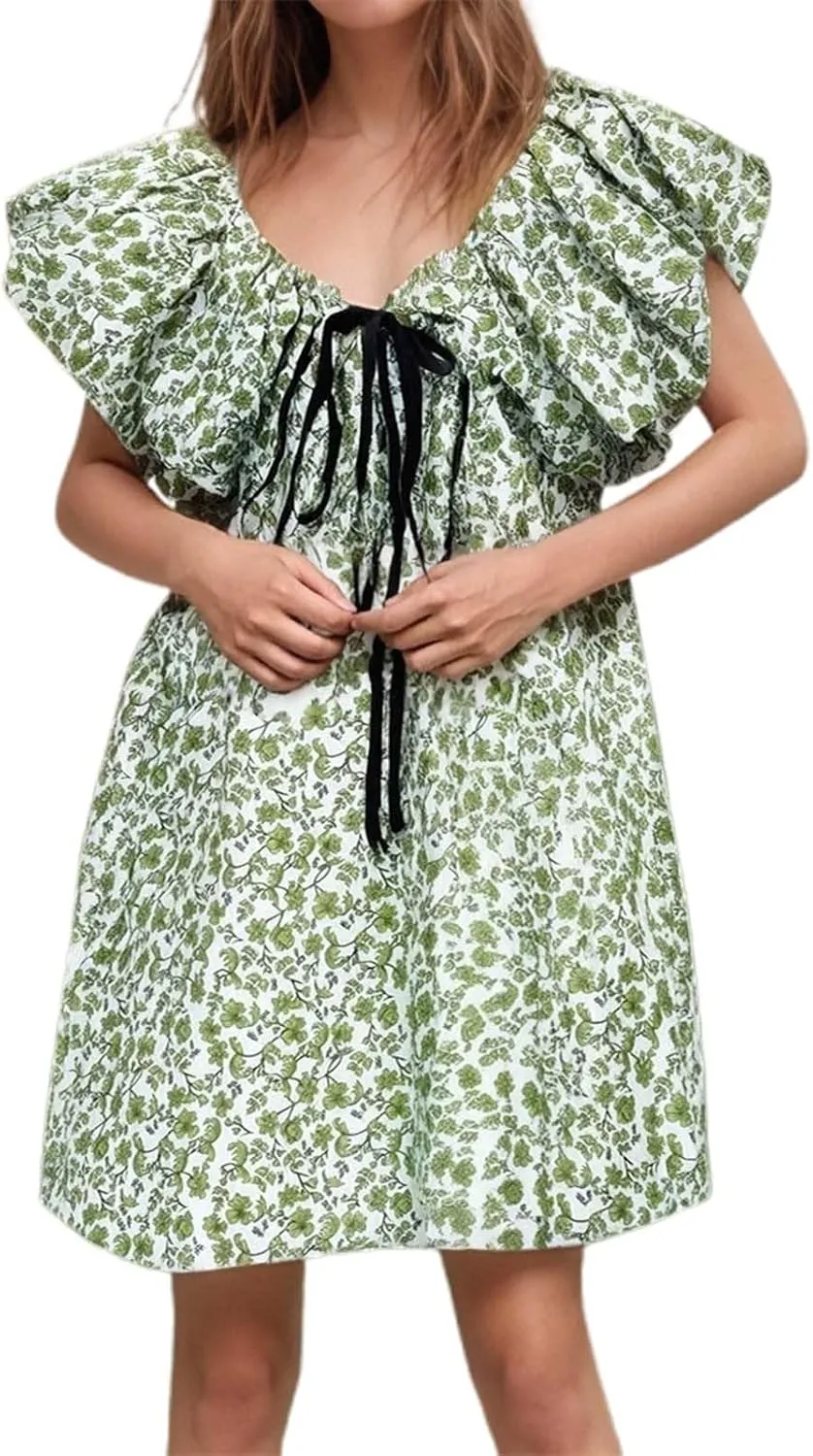 Women's Floral Print Mini Dress V Neck Puff Sleeve Short Babydoll Bow Dress Boho Floral Bow Flowy Sundresses