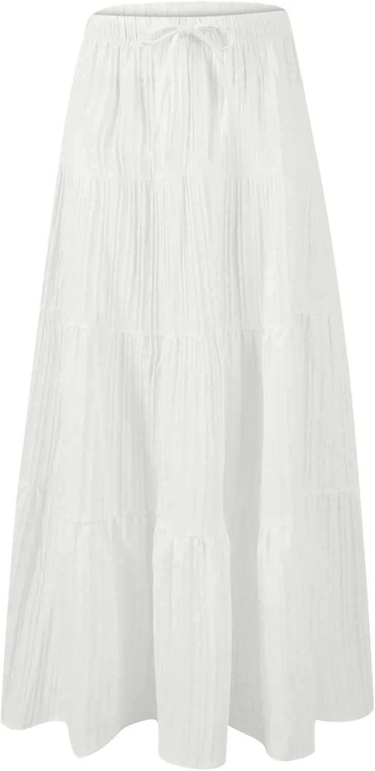 Women's Flowy Flared Ruffle Boho Long Skirt Summer Maxi Skirt Tiered Long Vacation A-Line Pleated Drawstring Swing Skirts