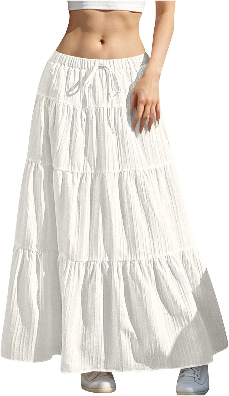 Women's Flowy Flared Ruffle Boho Long Skirt Summer Maxi Skirt Tiered Long Vacation A-Line Pleated Drawstring Swing Skirts