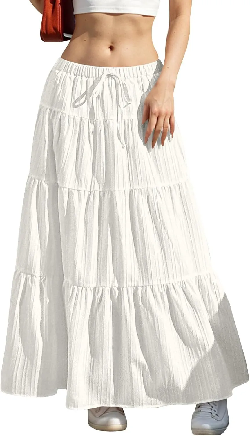 Women's Flowy Flared Ruffle Boho Long Skirt Summer Maxi Skirt Tiered Long Vacation A-Line Pleated Drawstring Swing Skirts