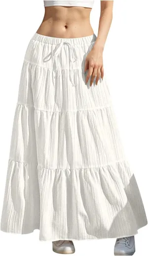 Women's Flowy Flared Ruffle Boho Long Skirt Summer Maxi Skirt Tiered Long Vacation A-Line Pleated Drawstring Swing Skirts