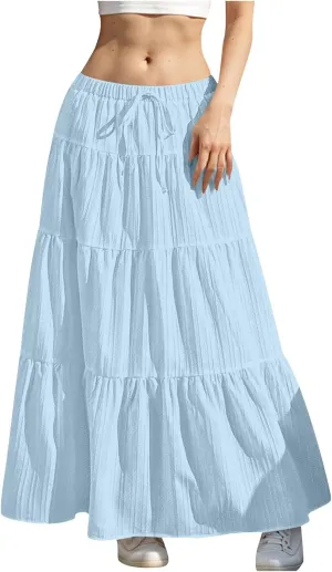 Women's Flowy Flared Ruffle Boho Long Skirt Summer Maxi Skirt Tiered Long Vacation A-Line Pleated Drawstring Swing Skirts