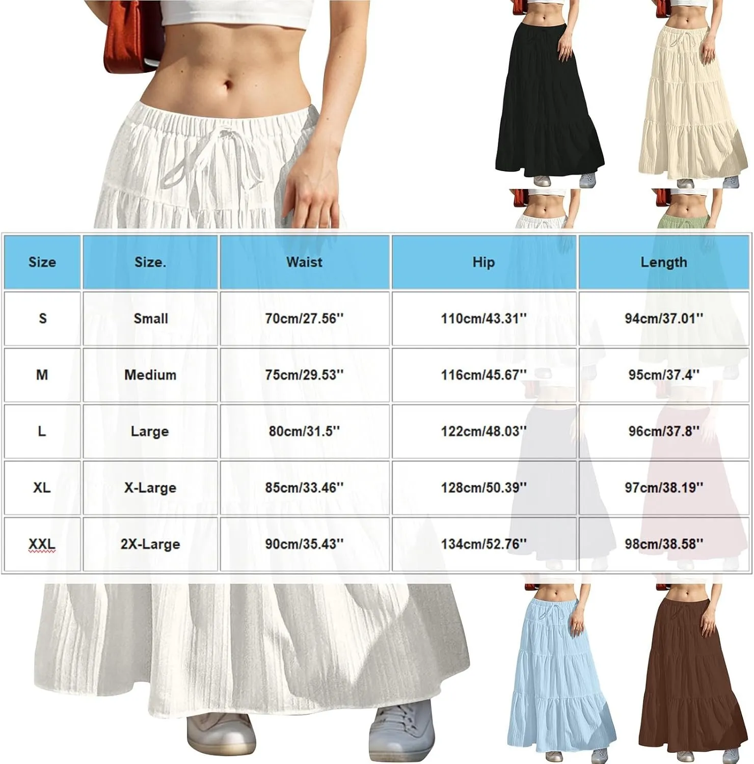 Women's Flowy Flared Ruffle Boho Long Skirt Summer Maxi Skirt Tiered Long Vacation A-Line Pleated Drawstring Swing Skirts