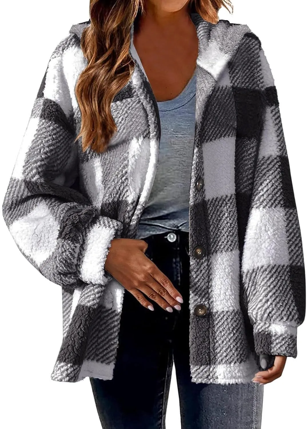 Womens Fuzzy Flannel Jacket Fall Fashion Sherpa Lined Plaid Shacket Long Sleeve Button Down Fleece Plush Hoodies