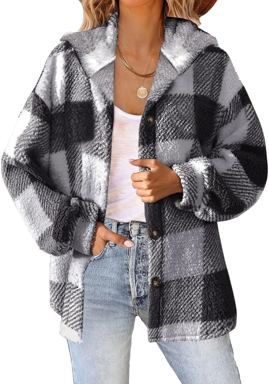 Womens Fuzzy Flannel Jacket Fall Fashion Sherpa Lined Plaid Shacket Long Sleeve Button Down Fleece Plush Hoodies