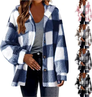 Womens Fuzzy Flannel Jacket Fall Fashion Sherpa Lined Plaid Shacket Long Sleeve Button Down Fleece Plush Hoodies