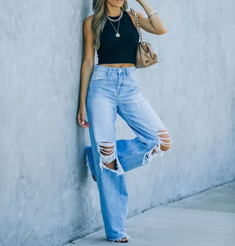 Womens High-Waisted Wide-Leg Jeans - Distressed Ripped Denim - Casual Streetwear