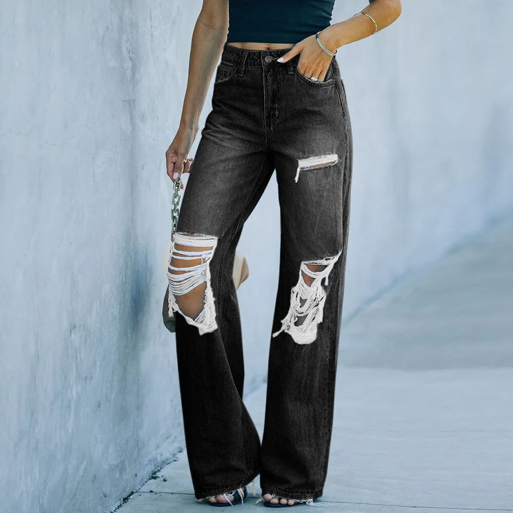 Womens High-Waisted Wide-Leg Jeans - Distressed Ripped Denim - Casual Streetwear