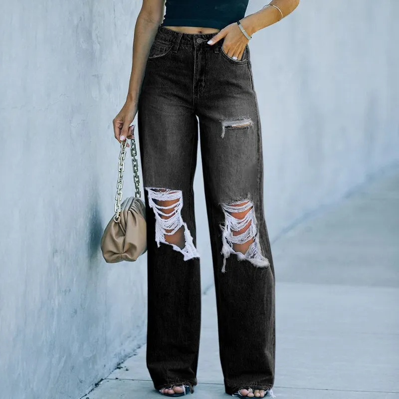 Womens High-Waisted Wide-Leg Jeans - Distressed Ripped Denim - Casual Streetwear