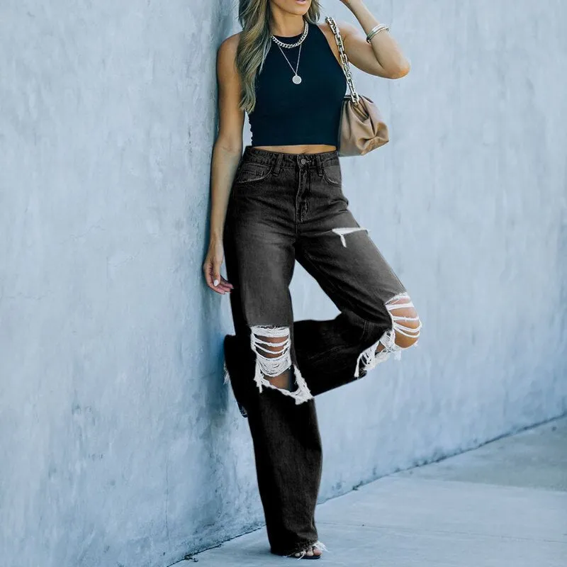 Womens High-Waisted Wide-Leg Jeans - Distressed Ripped Denim - Casual Streetwear