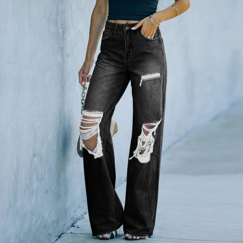 Womens High-Waisted Wide-Leg Jeans - Distressed Ripped Denim - Casual Streetwear