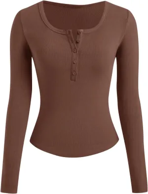 Women's Knit Ribbed Trendy Tops Quarter Button Long Sleeve Cropped Sweater Pullover Slim Sexy Workout Shirts