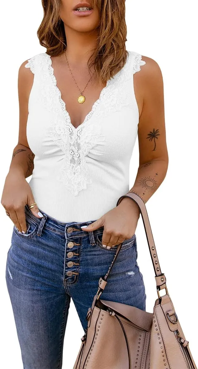 Womens Lace Patchwork Sexy Deep V Neck Knitted Vests Summer Camis Tank Tops