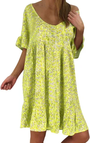Women's Ladies Sexy Loose Print Hlaf Sleeve Ruffles Mini Dress Summer Dress Bump Friendly Dress