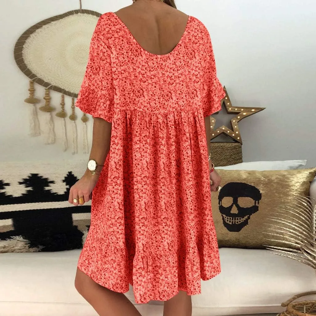Women's Ladies Sexy Loose Print Hlaf Sleeve Ruffles Mini Dress Summer Dress Bump Friendly Dress