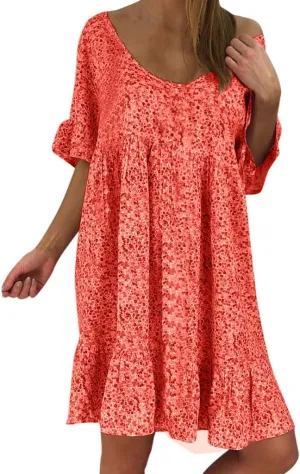 Women's Ladies Sexy Loose Print Hlaf Sleeve Ruffles Mini Dress Summer Dress Bump Friendly Dress