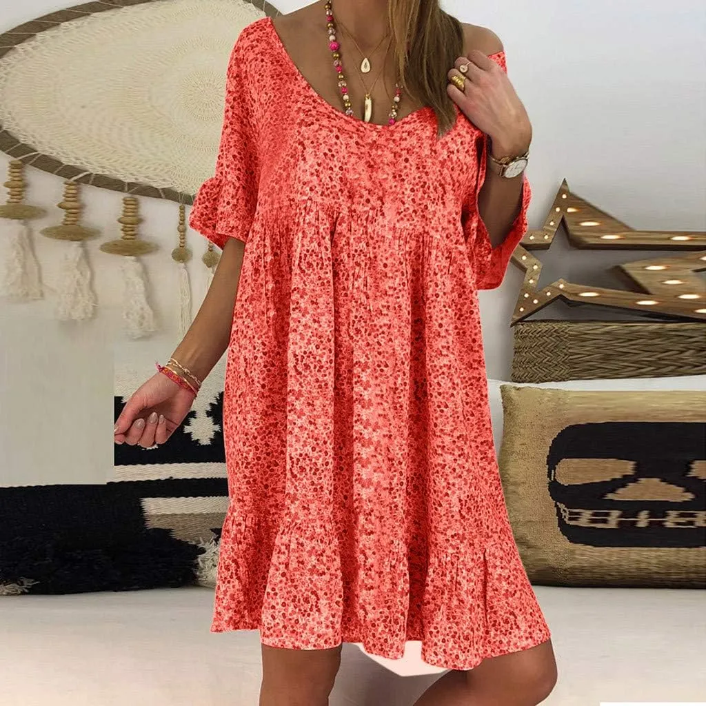 Women's Ladies Sexy Loose Print Hlaf Sleeve Ruffles Mini Dress Summer Dress Bump Friendly Dress