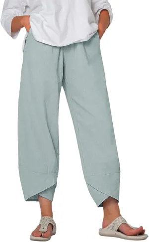Womens Linen Capri Pants Elastic Casual High Waist Wide Leg Trousers Relax Fit Summer Joggers Boho Pants with Pockets
