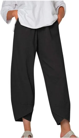 Womens Linen Capri Pants Elastic Casual High Waist Wide Leg Trousers Relax Fit Summer Joggers Boho Pants with Pockets
