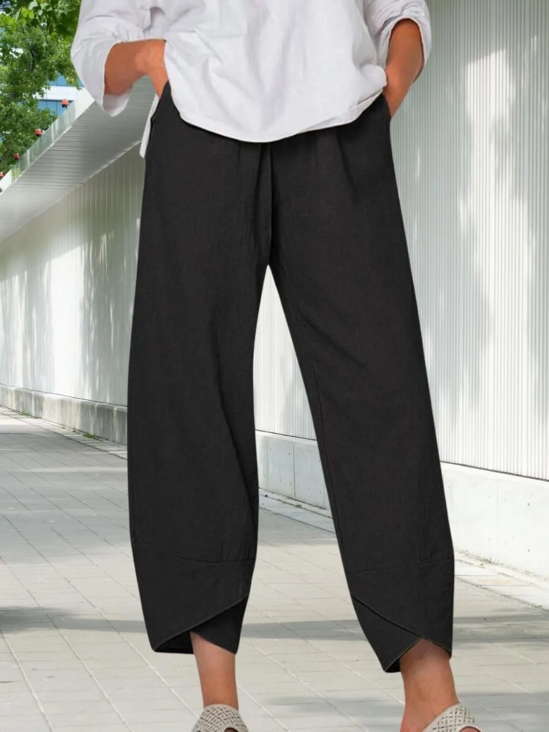 Womens Linen Capri Pants Elastic Casual High Waist Wide Leg Trousers Relax Fit Summer Joggers Boho Pants with Pockets