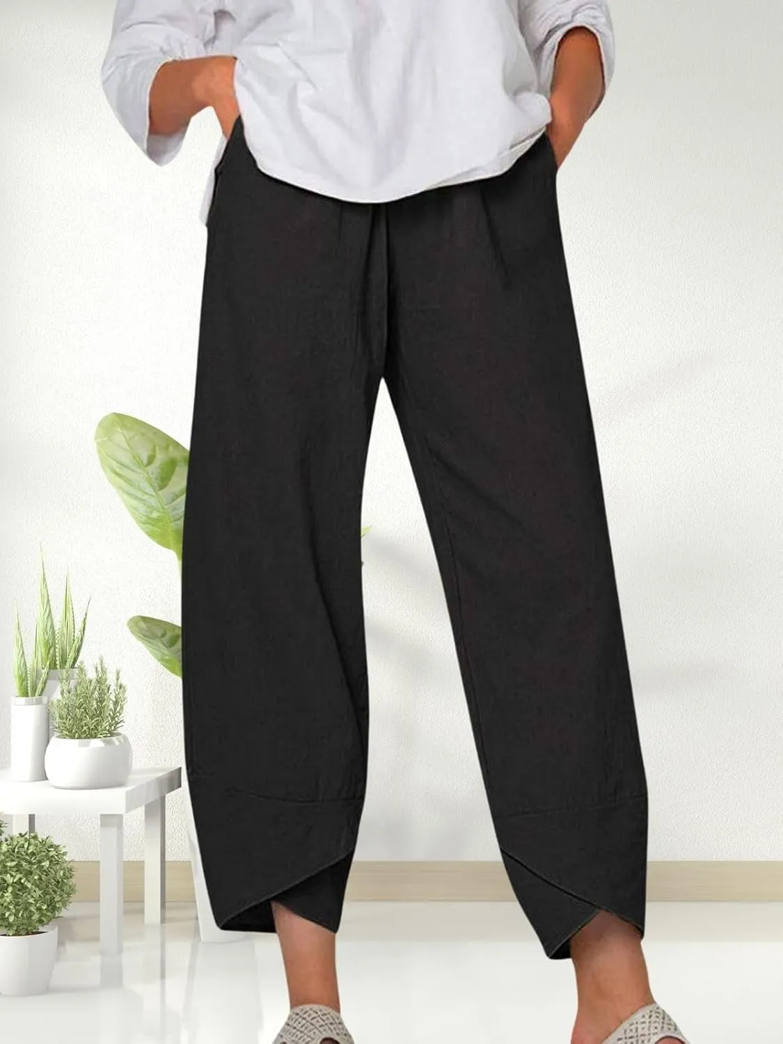 Womens Linen Capri Pants Elastic Casual High Waist Wide Leg Trousers Relax Fit Summer Joggers Boho Pants with Pockets