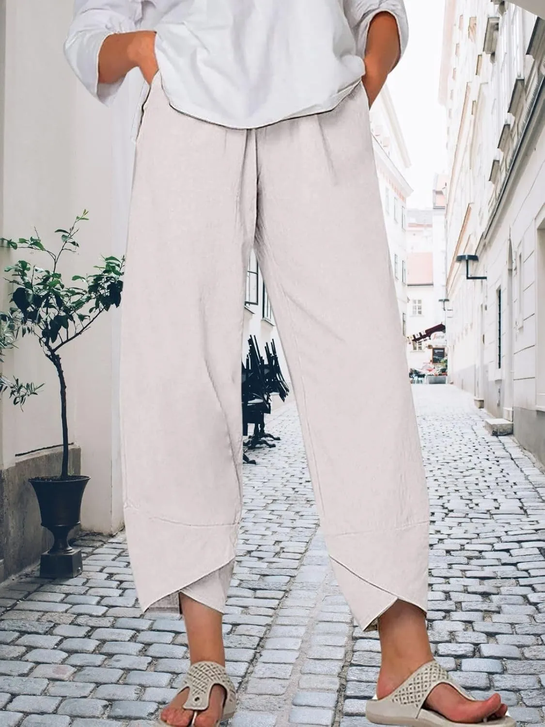 Womens Linen Capri Pants Elastic Casual High Waist Wide Leg Trousers Relax Fit Summer Joggers Boho Pants with Pockets