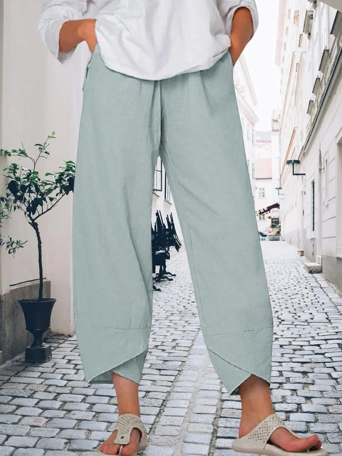 Womens Linen Capri Pants Elastic Casual High Waist Wide Leg Trousers Relax Fit Summer Joggers Boho Pants with Pockets