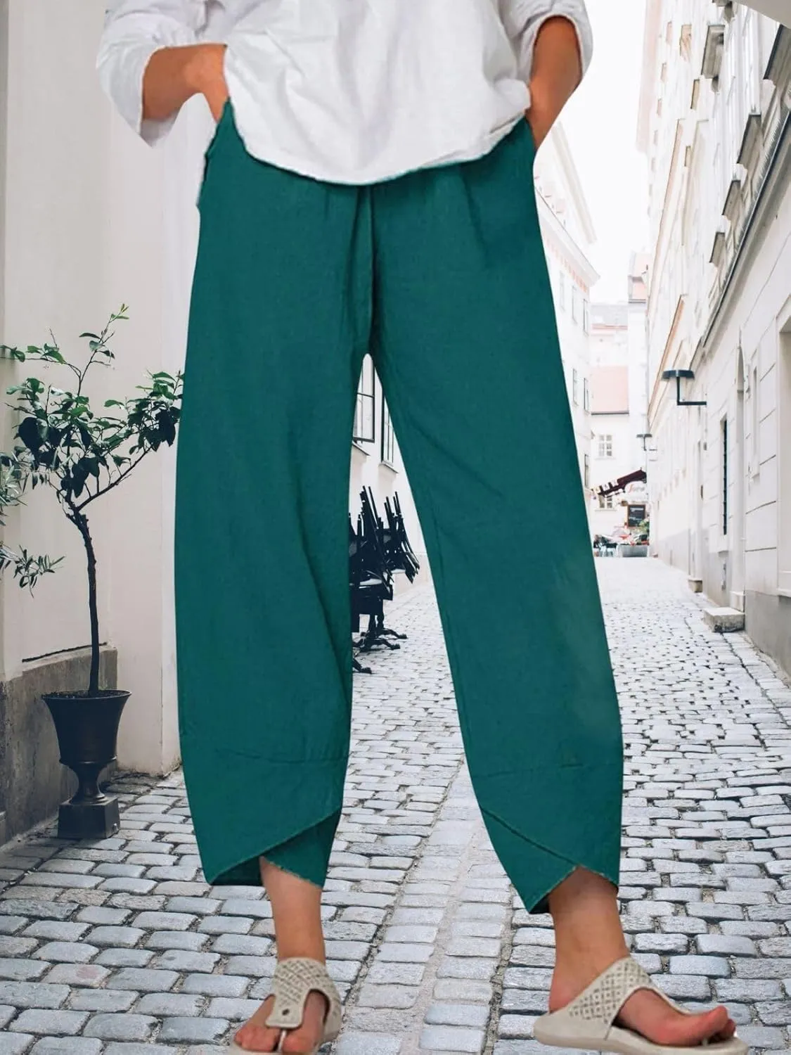 Womens Linen Capri Pants Elastic Casual High Waist Wide Leg Trousers Relax Fit Summer Joggers Boho Pants with Pockets