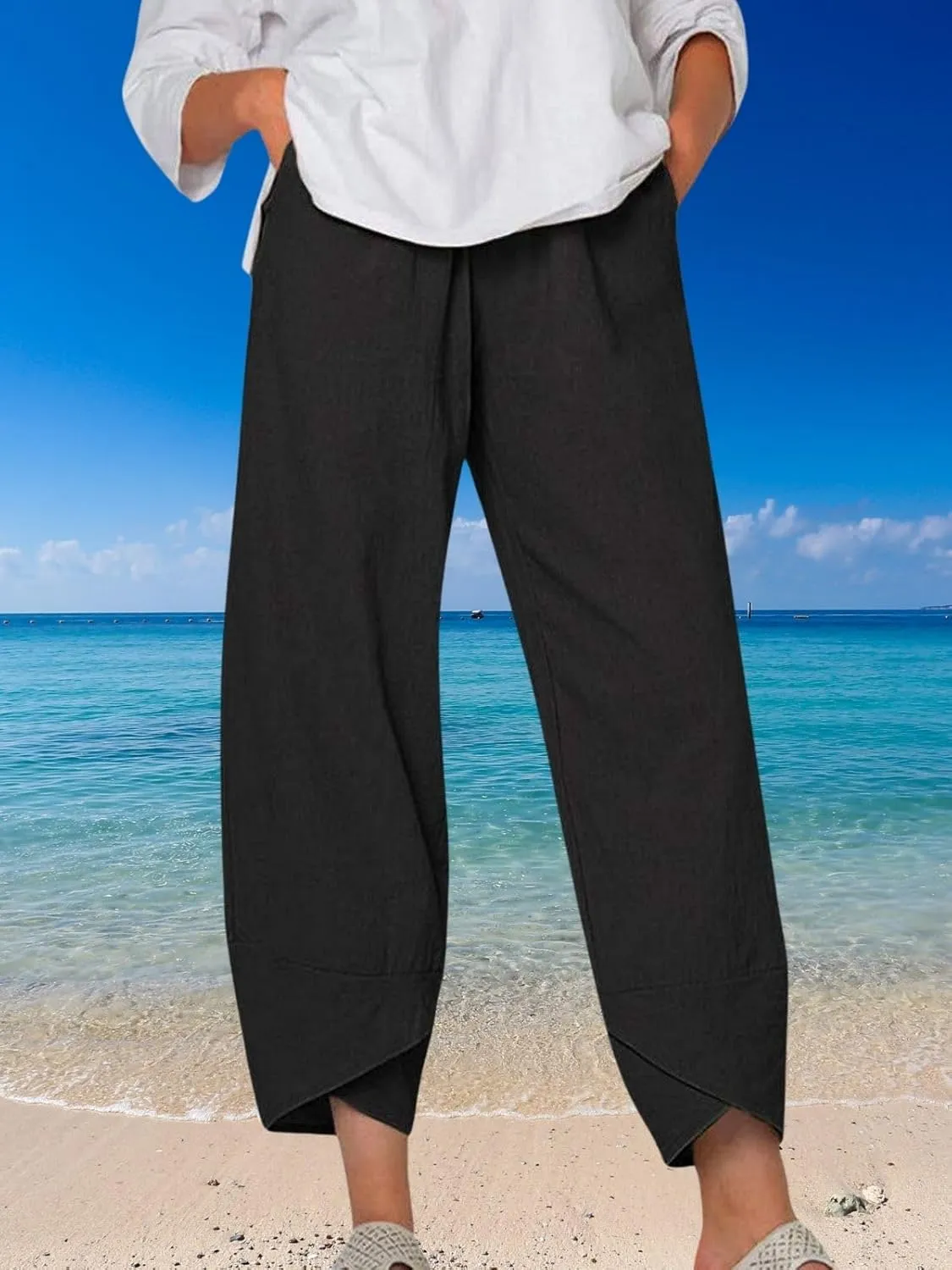 Womens Linen Capri Pants Elastic Casual High Waist Wide Leg Trousers Relax Fit Summer Joggers Boho Pants with Pockets