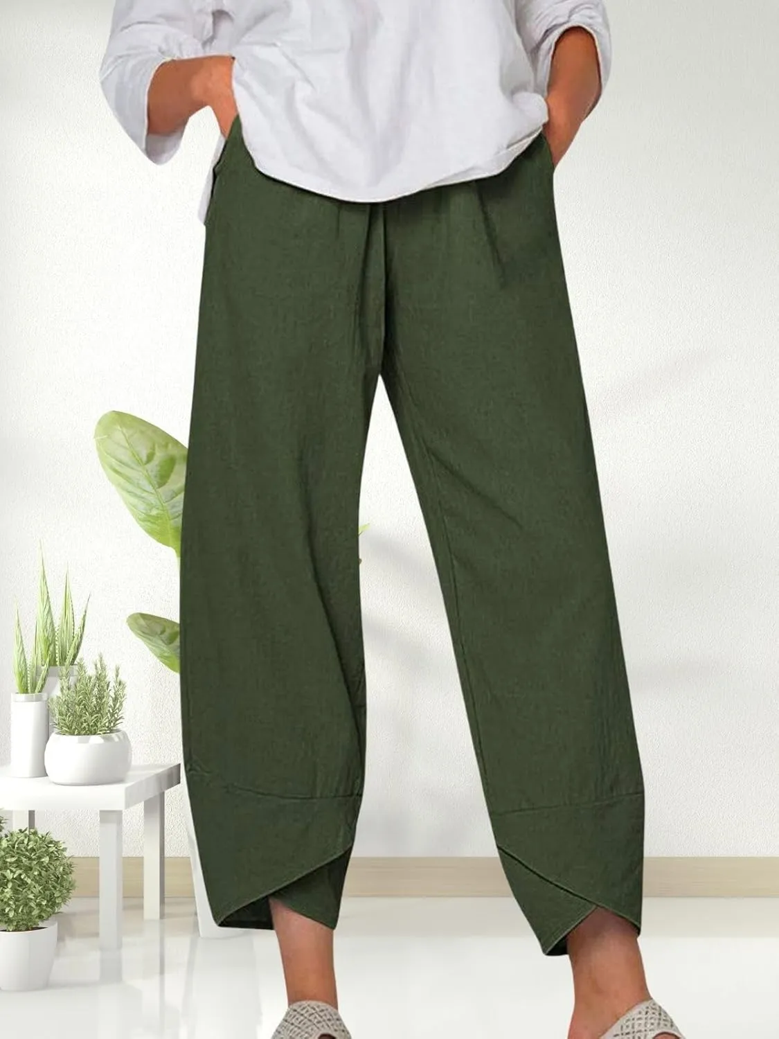 Womens Linen Capri Pants Elastic Casual High Waist Wide Leg Trousers Relax Fit Summer Joggers Boho Pants with Pockets