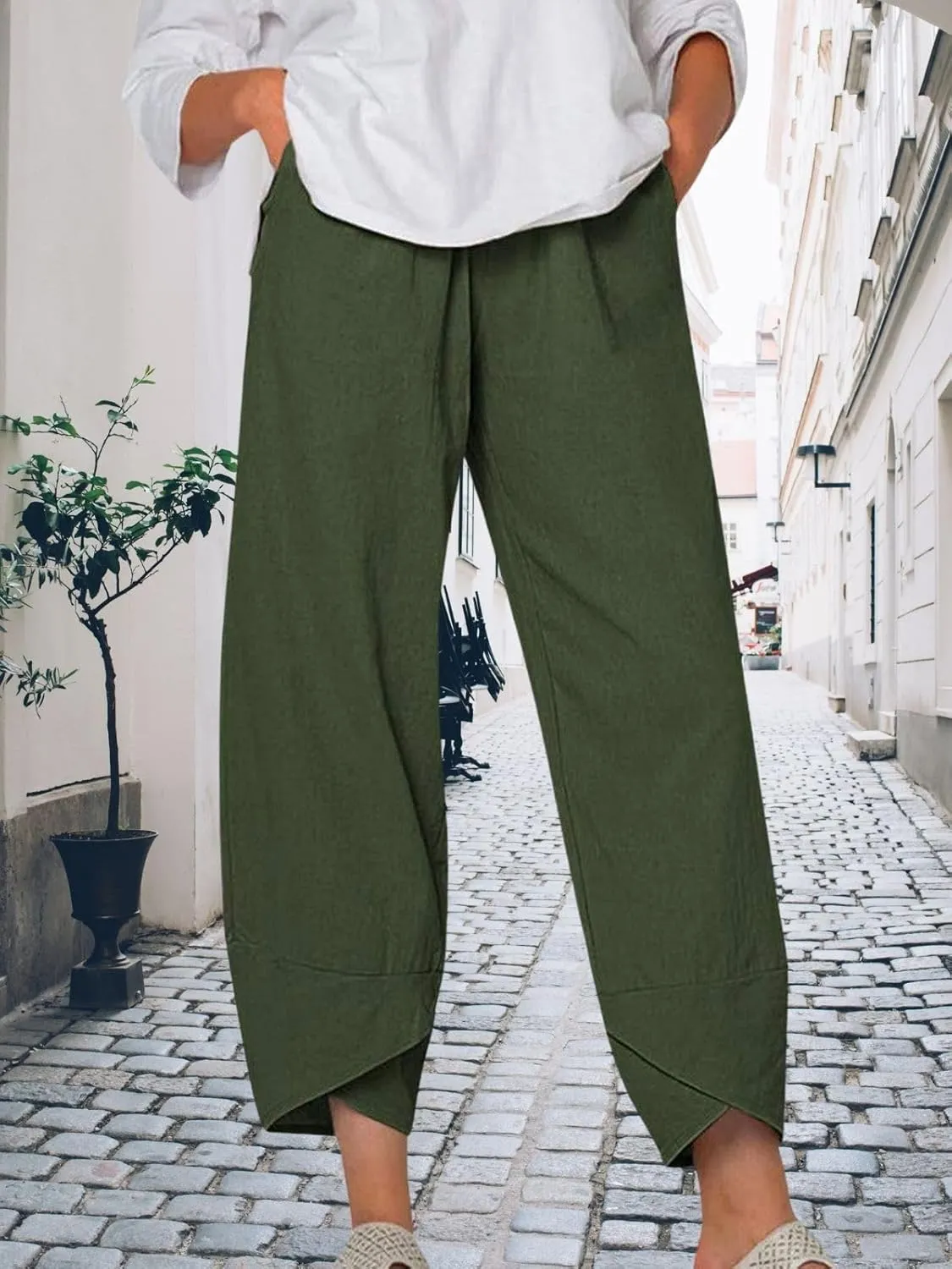 Womens Linen Capri Pants Elastic Casual High Waist Wide Leg Trousers Relax Fit Summer Joggers Boho Pants with Pockets