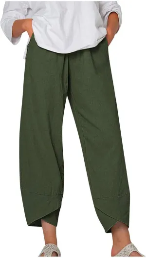 Womens Linen Capri Pants Elastic Casual High Waist Wide Leg Trousers Relax Fit Summer Joggers Boho Pants with Pockets