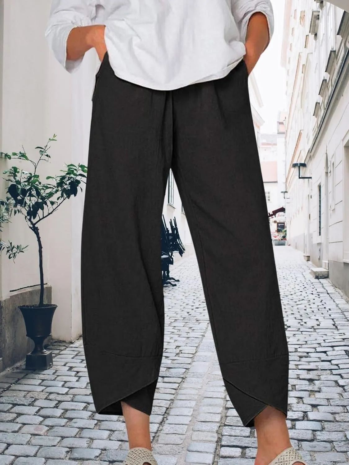 Womens Linen Capri Pants Elastic Casual High Waist Wide Leg Trousers Relax Fit Summer Joggers Boho Pants with Pockets