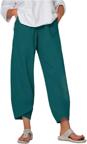 Womens Linen Capri Pants Elastic Casual High Waist Wide Leg Trousers Relax Fit Summer Joggers Boho Pants with Pockets