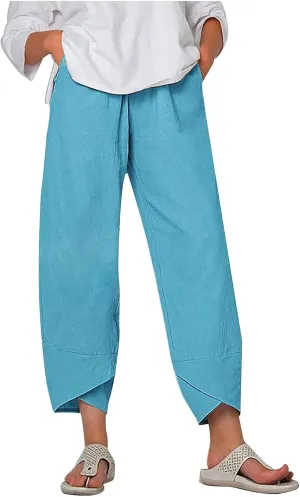 Womens Linen Capri Pants Elastic Casual High Waist Wide Leg Trousers Relax Fit Summer Joggers Boho Pants with Pockets