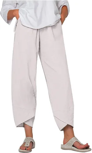 Womens Linen Capri Pants Elastic Casual High Waist Wide Leg Trousers Relax Fit Summer Joggers Boho Pants with Pockets