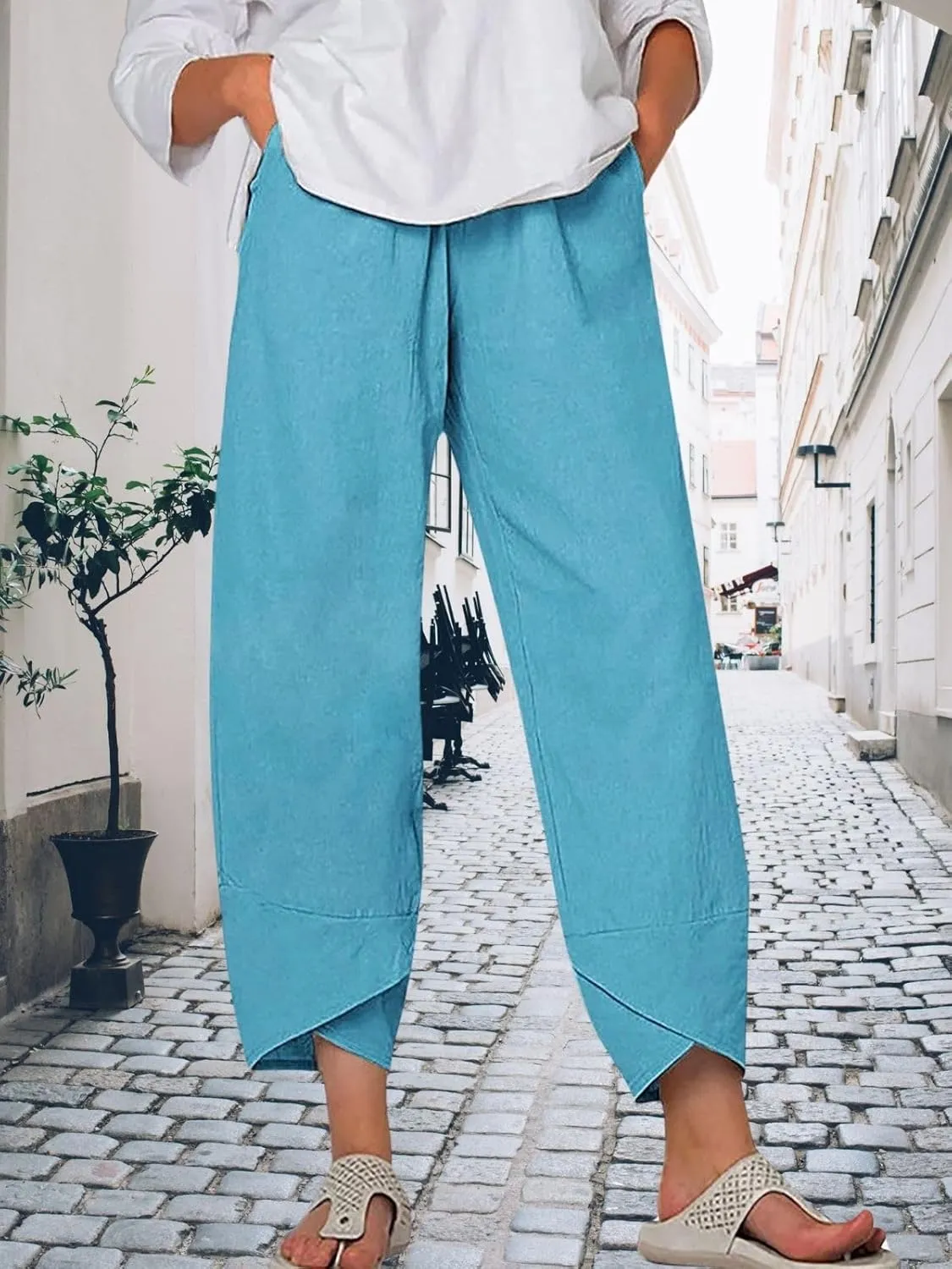 Womens Linen Capri Pants Elastic Casual High Waist Wide Leg Trousers Relax Fit Summer Joggers Boho Pants with Pockets