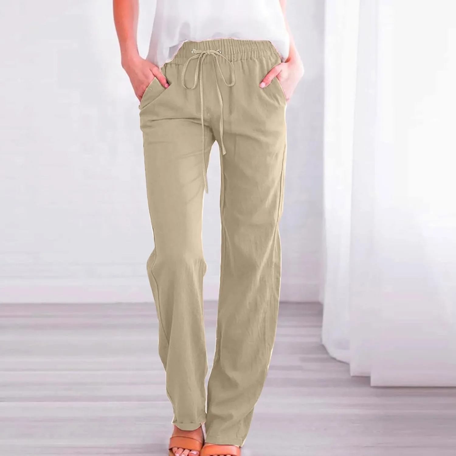 Womens Linen Summer Drawstring Palazzo Pants High Waist Bootcut Loose Fit Pant Trousers Work Business