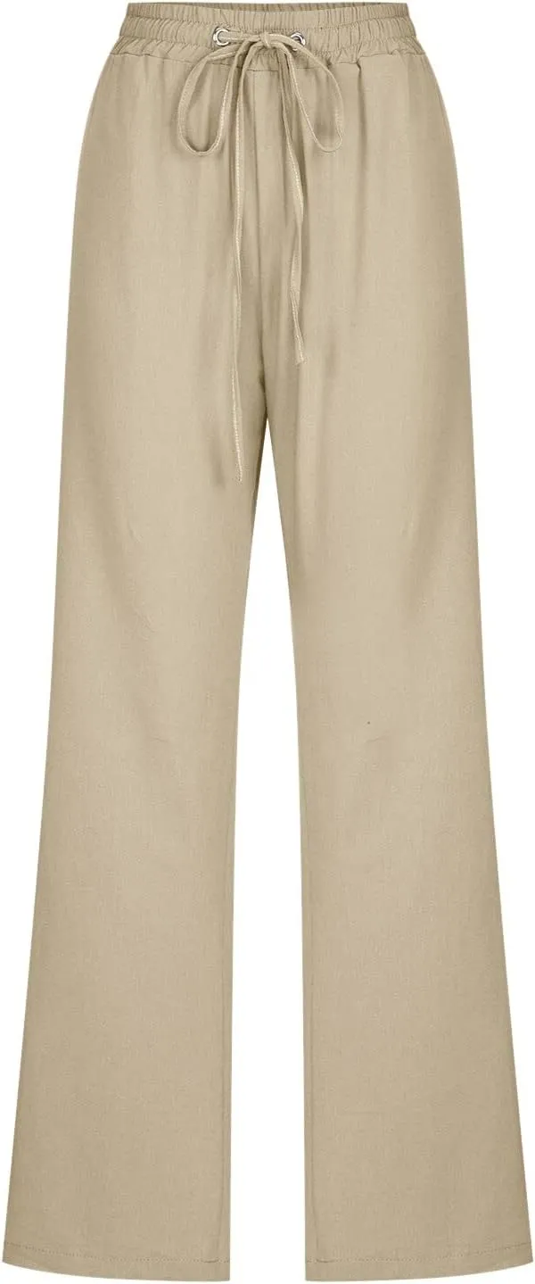 Womens Linen Summer Drawstring Palazzo Pants High Waist Bootcut Loose Fit Pant Trousers Work Business