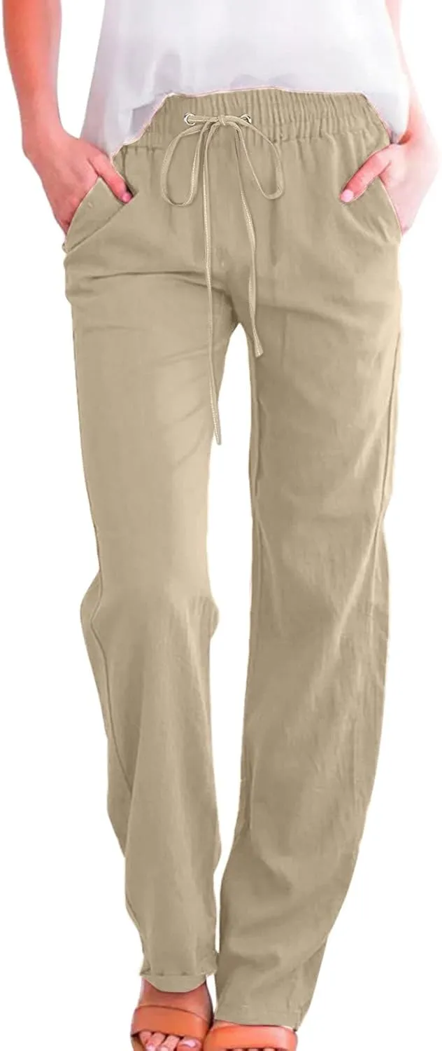 Womens Linen Summer Drawstring Palazzo Pants High Waist Bootcut Loose Fit Pant Trousers Work Business
