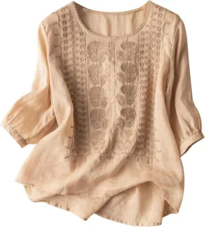 Women's Linen Tops Bohemian Short Sleeve Shirts Summer Loose Crewneck Casual Vintage Embroidered Blouse Tops
