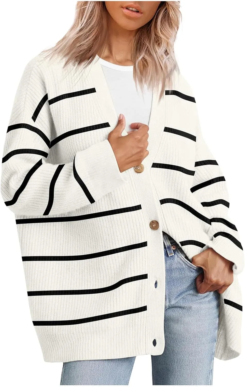 Women's Long Sleeve Knit Sweater Open Front Cardigan Casual Button Down Loose Knit Outerwear Fall Winter Trendy Coat