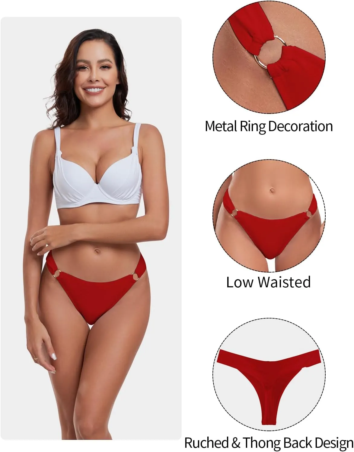 Women's Low Waisted Thong Bikini Bottoms High Cut Ruched Back Swimsuit Bottoms with Side Metal Rings