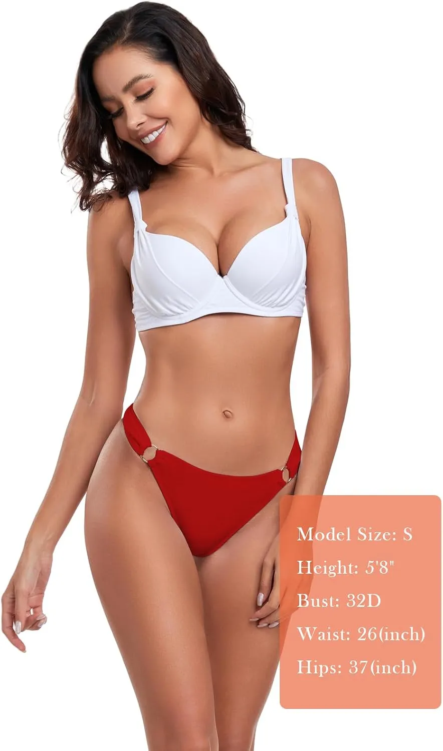 Women's Low Waisted Thong Bikini Bottoms High Cut Ruched Back Swimsuit Bottoms with Side Metal Rings