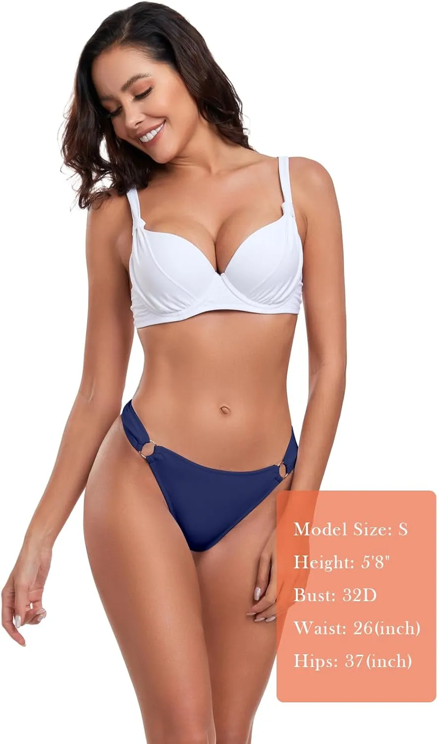 Women's Low Waisted Thong Bikini Bottoms High Cut Ruched Back Swimsuit Bottoms with Side Metal Rings