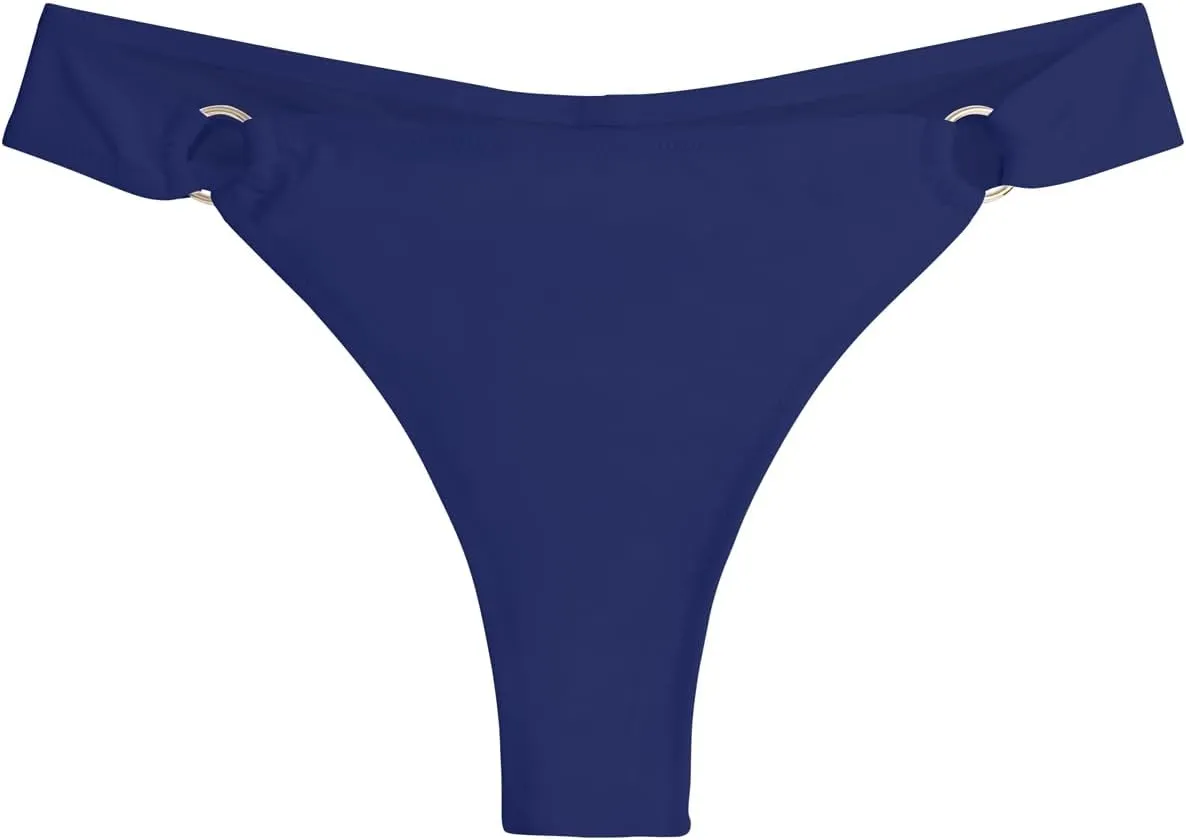 Women's Low Waisted Thong Bikini Bottoms High Cut Ruched Back Swimsuit Bottoms with Side Metal Rings